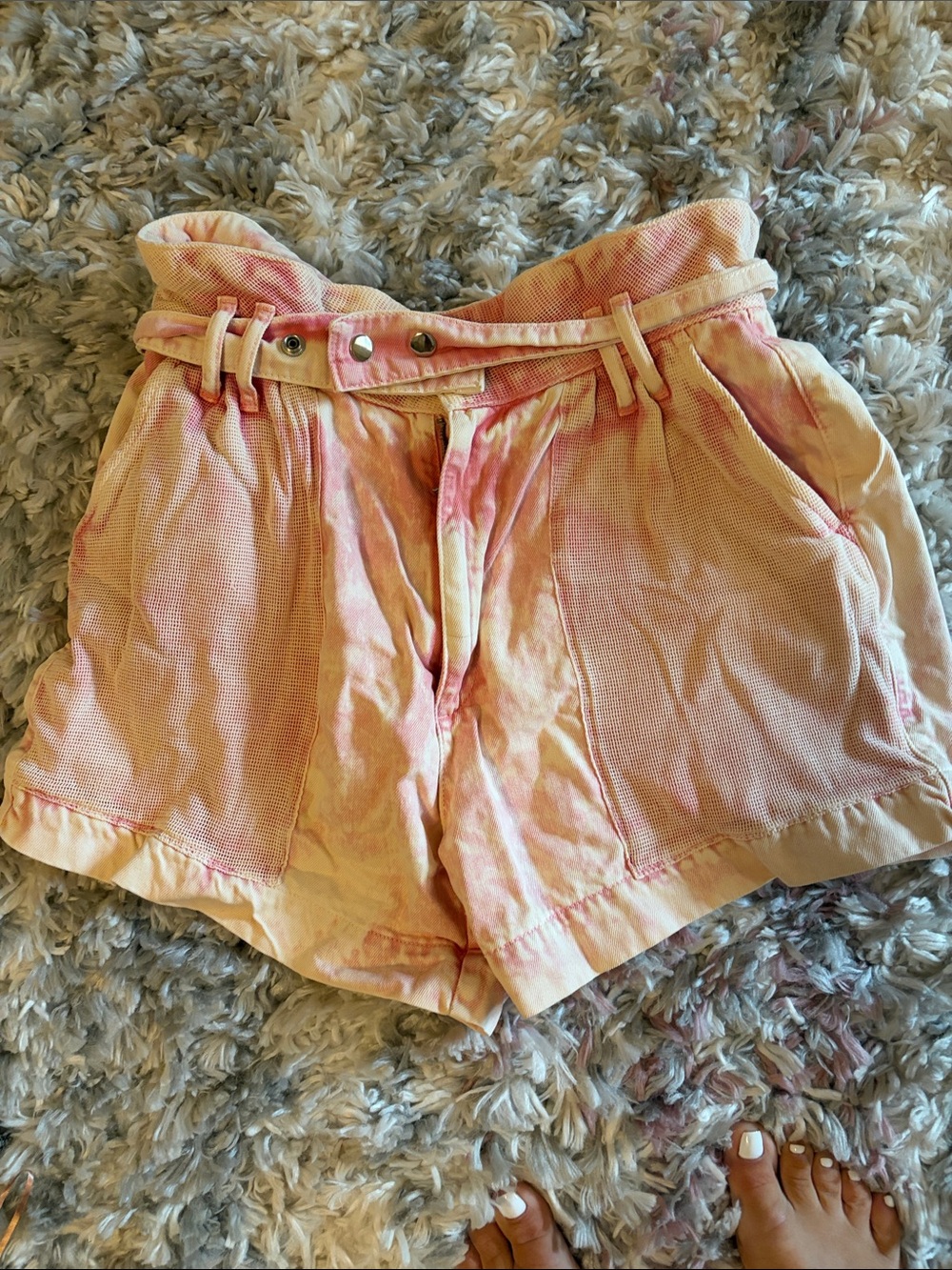 Tie-Dye Pink and Yellow Women's High-Waist Casual Shorts denim